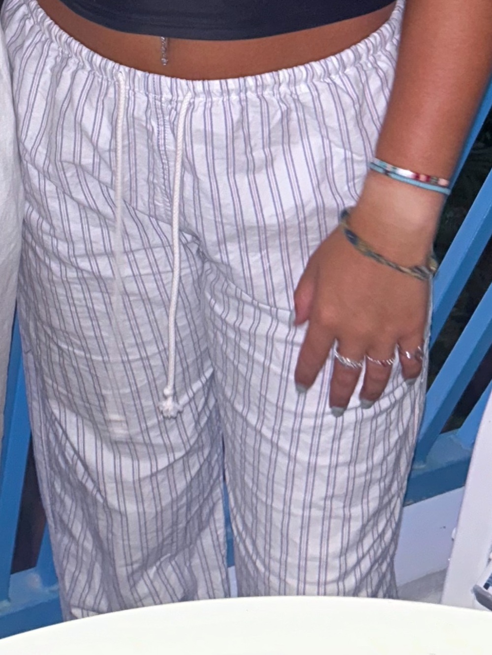 Brandy Melville Linen White Drawstring Pants with Blue and red Stripes